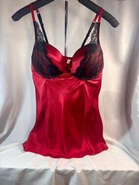 Gillian OMalley satin red playful lingerie nighty black lace wire cup size S...